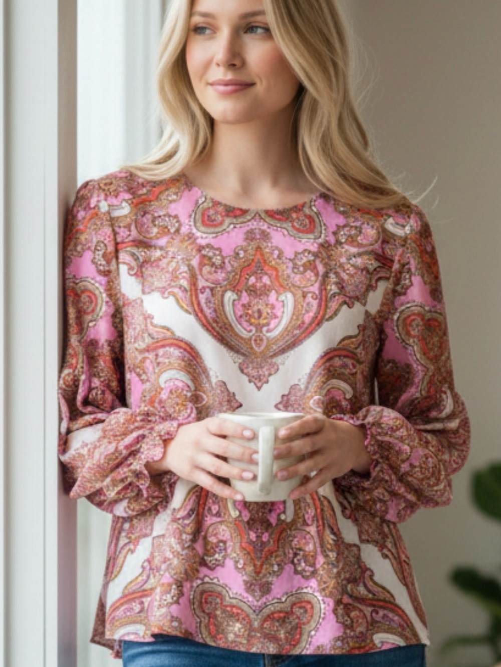 Vici Paisley Print Pink Long Sleeve Blouse